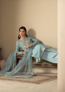 Ice Blue Raw Silk Medium Length Kurta 3-Piece (2620B)