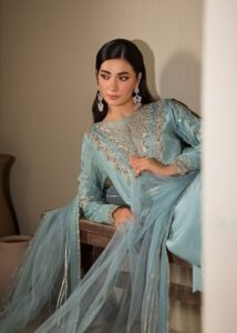 Ice Blue Raw Silk Medium Length Kurta 3-Piece (2620B)