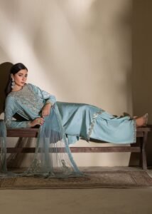 Ice Blue Raw Silk Medium Length Kurta 3-Piece (2620B)