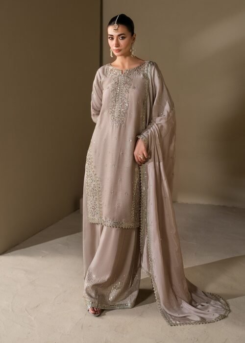 Grey Raw Silk Medium Length Kurta 3-Piece (2624B)