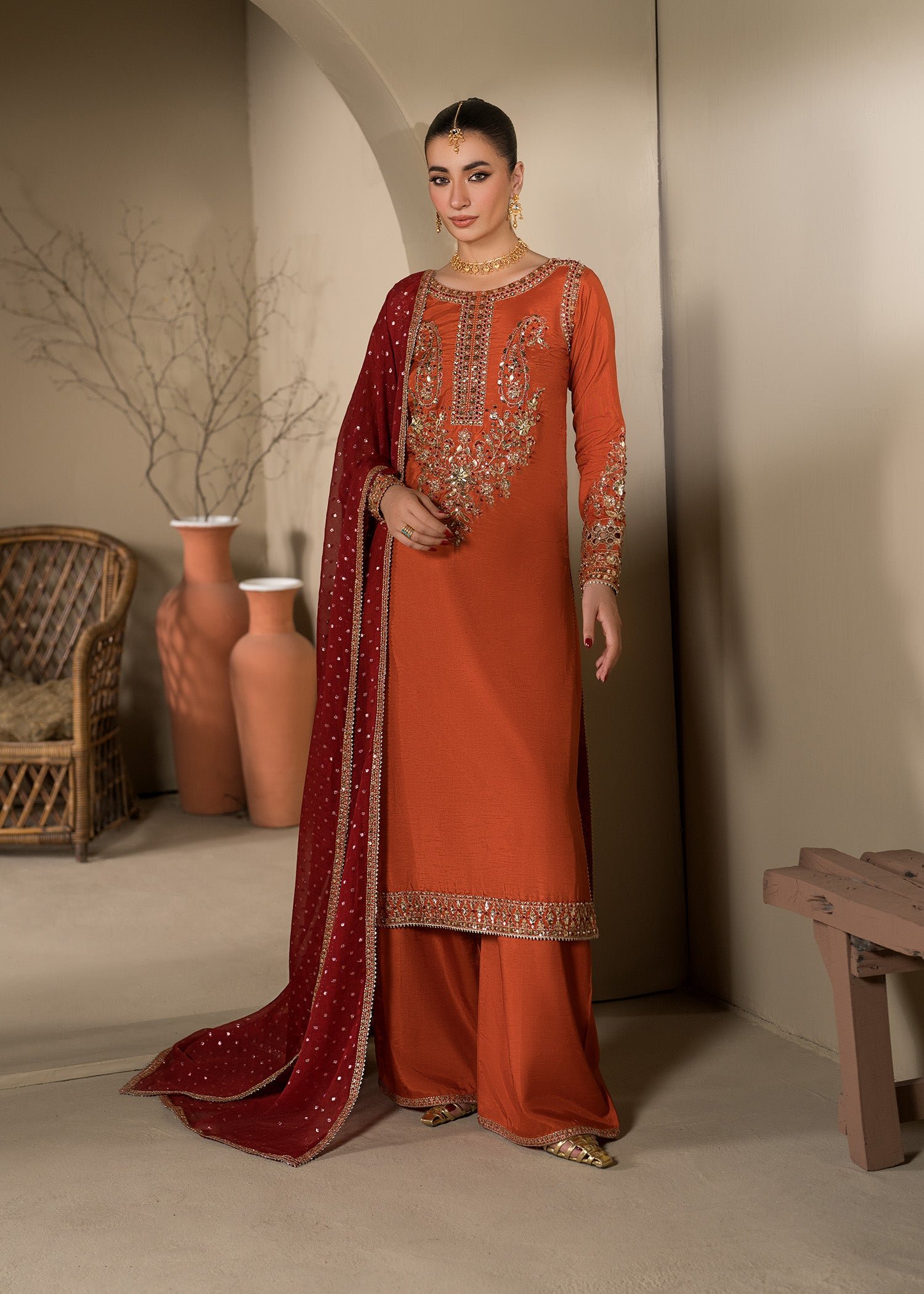 DSC08105.jpg Rust Raw Silk Long Kurta 3-Piece (2621A)