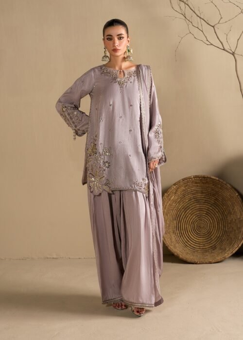 Lavendar Raw Silk Short Kurta 3-Piece (2623B)