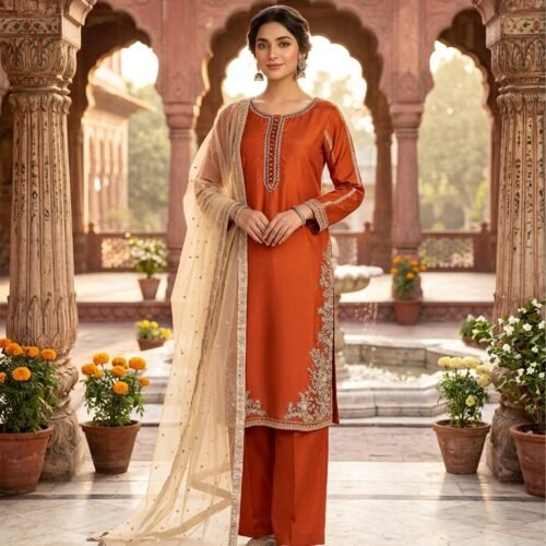 Rust Raw Silk Kurti 3-Piece (2465M)