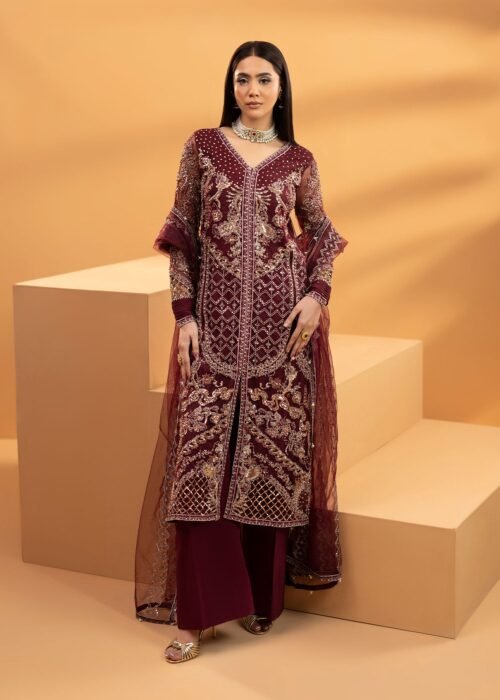 Wine Net Straight Cut Kurta 3-Piece (2557B)